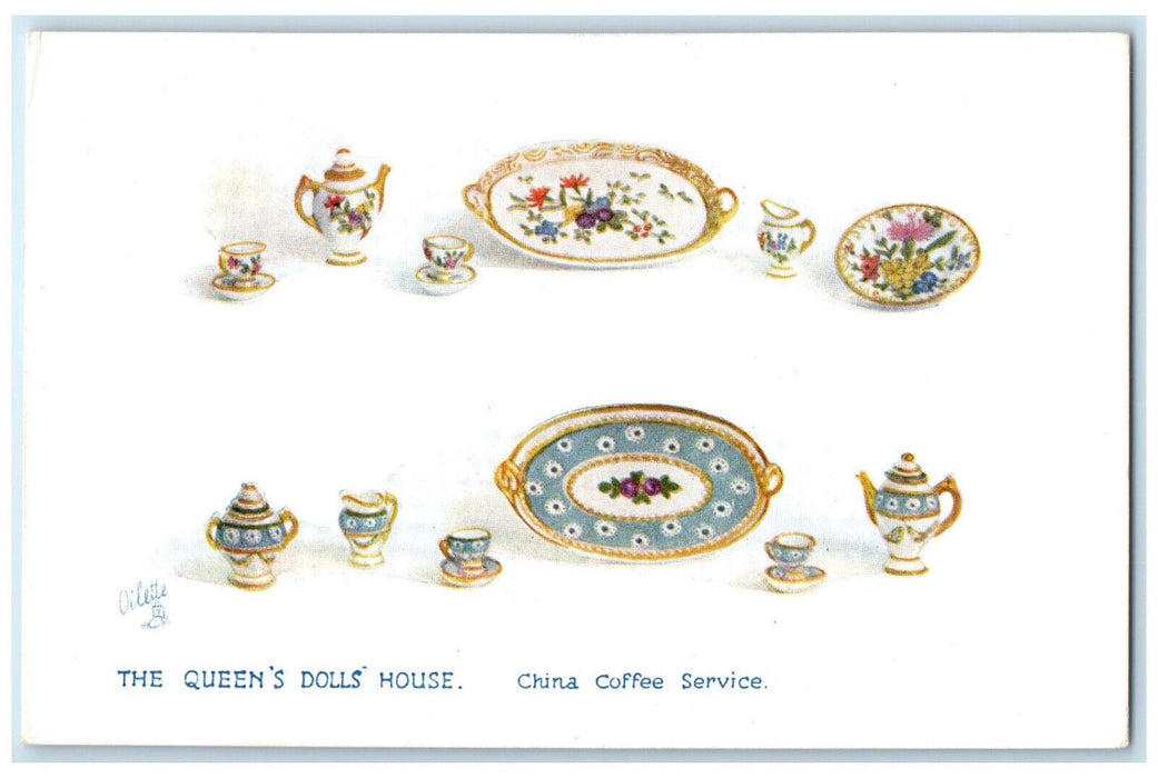 c1910 The Queens Dolls House China Coffee Service Oilette Tuck Art Postcard