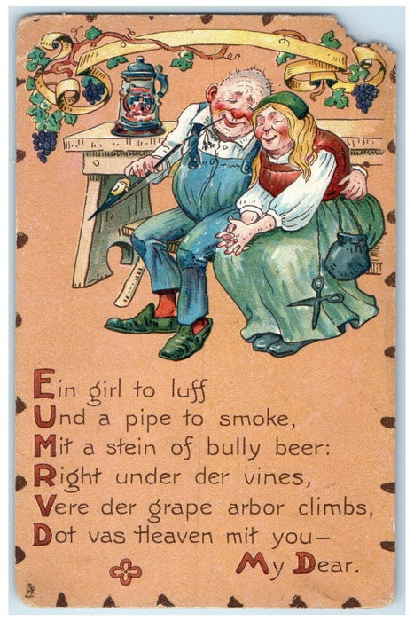 1910 Old Couple Comic Message Leatherette Series Valentines Tuck Art Postcard