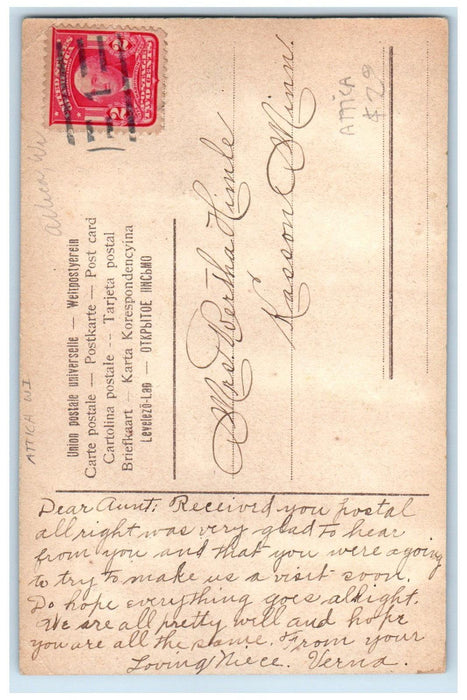 c1910 Greetings from Attica Wisconsin WI Posted Red Rose Glitters Postcard