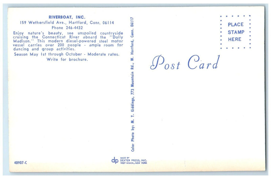 c1960 Connecticut Riverboat Dolly Madison Hartford Connecticut Unposted Postcard