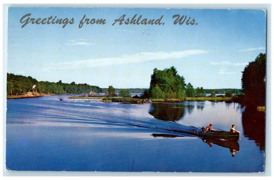 1969 Greetings From Across Lake Surface Fry Pan Boat Ashland Wisconsin Postcard