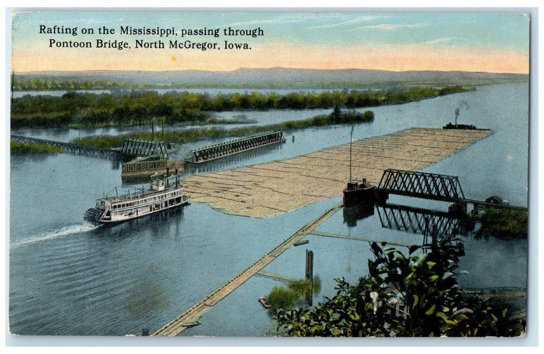 Rafting On Mississippi Passing Through Pontoon Bridge North McGregor IA Postcard
