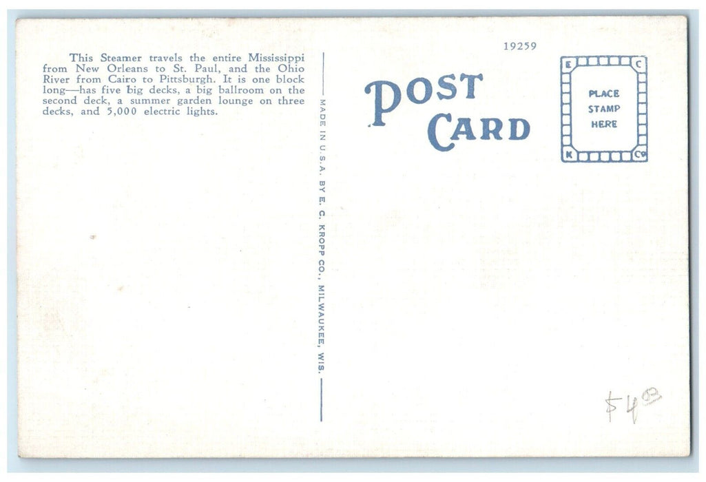 Excursion Steamer JS De Luxe Travels Mississippi From New Orleans LA Postcard
