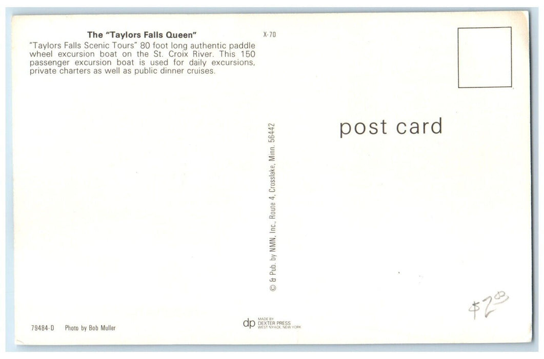 The Taylors Falls Queen Paddle Wheel Excursion Boat St. Croix River MN Postcard