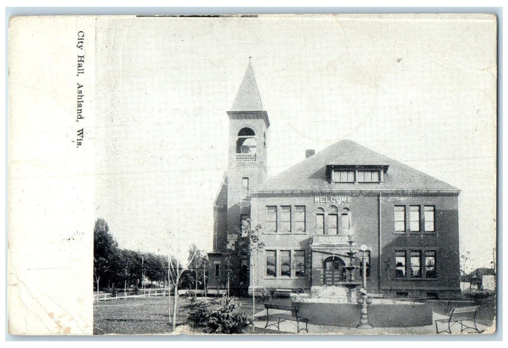 1907 City Hall Exterior Building Ashland Wisconsin WI Vintage Antique Postcard