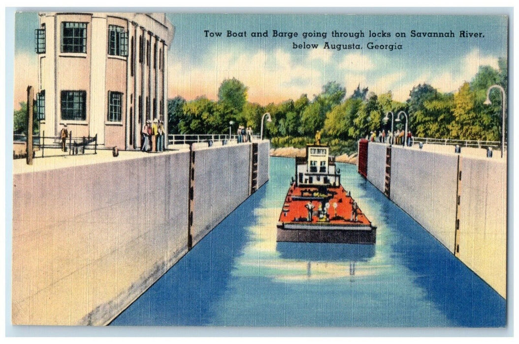 c1930's Tow Boat And Barge Going Locks On Savannah River Augusta GA Postcard