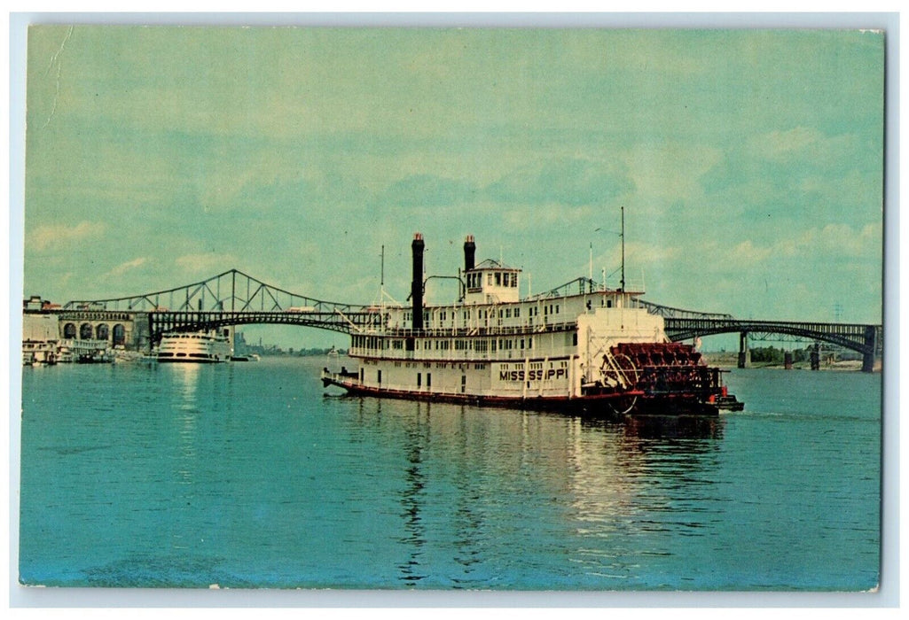 c1950's SS Steamer Ship Mississippi Bridge Scene Hannibal Missouri MO Postcard