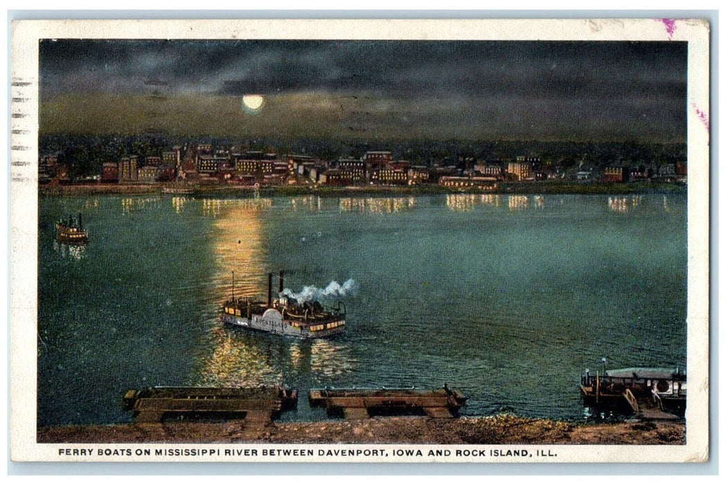 Ferry Boats On Mississippi River Between Davenport Iowa Rock Island IL Postcard