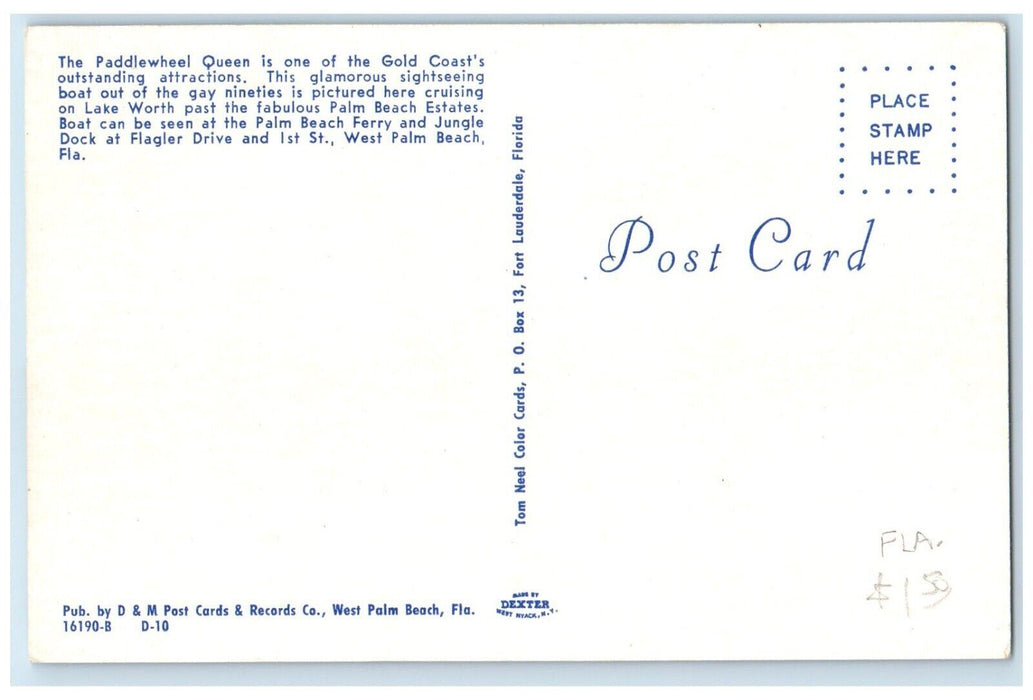 c1960's The Paddlewheel Queen Sightseeing Boat West Palm Beach FL Postcard