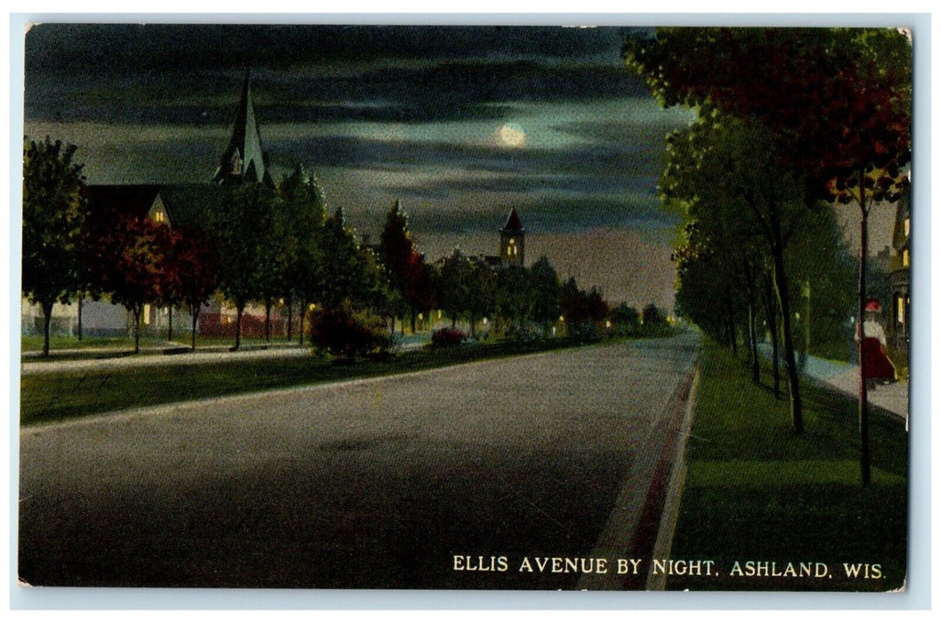 1910 Ellis Avenue Night Moon Street Road Ashland Wisconsin WI Vintage Postcard