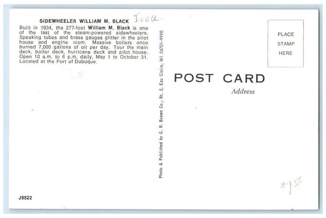 c1950's Sidewheeler William M. Black Steamer Ship Dubuque Iowa IA Postcard