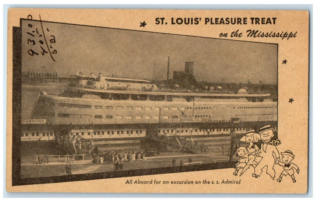 St. Louis Pleasure Treat On Mississippi Excursion SS Steamer Admiral Postcard