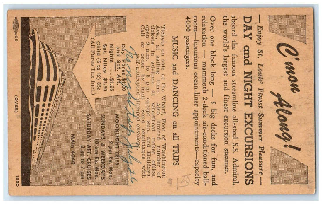 St. Louis Pleasure Treat On Mississippi Excursion SS Steamer Admiral Postcard