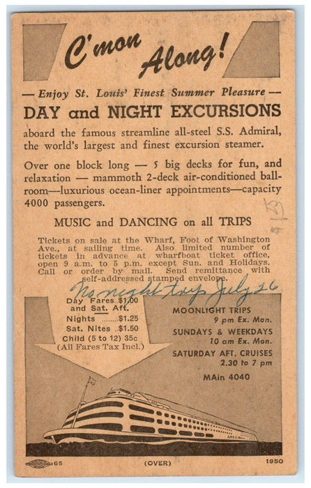St. Louis Pleasure Treat On Mississippi Excursion SS Steamer Admiral Postcard