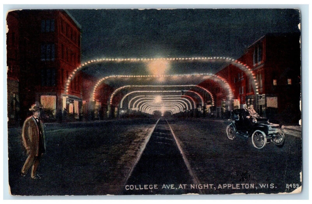 c1910 College Ave. Night Classic Car Appleton Wisconsin Vintage Antique Postcard