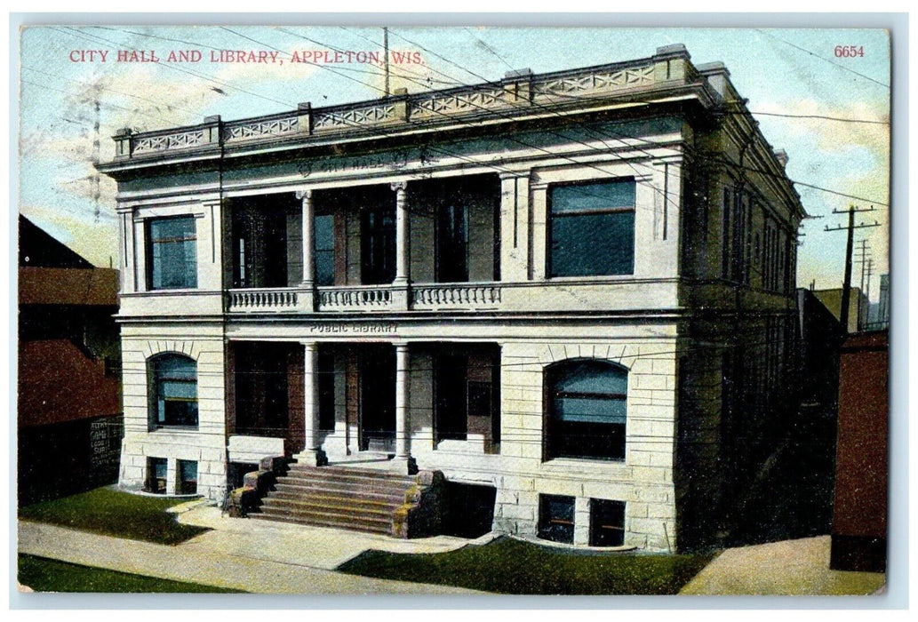 1909 City Hall Library Exterior Building Appleton Wisconsin WI Vintage Postcard