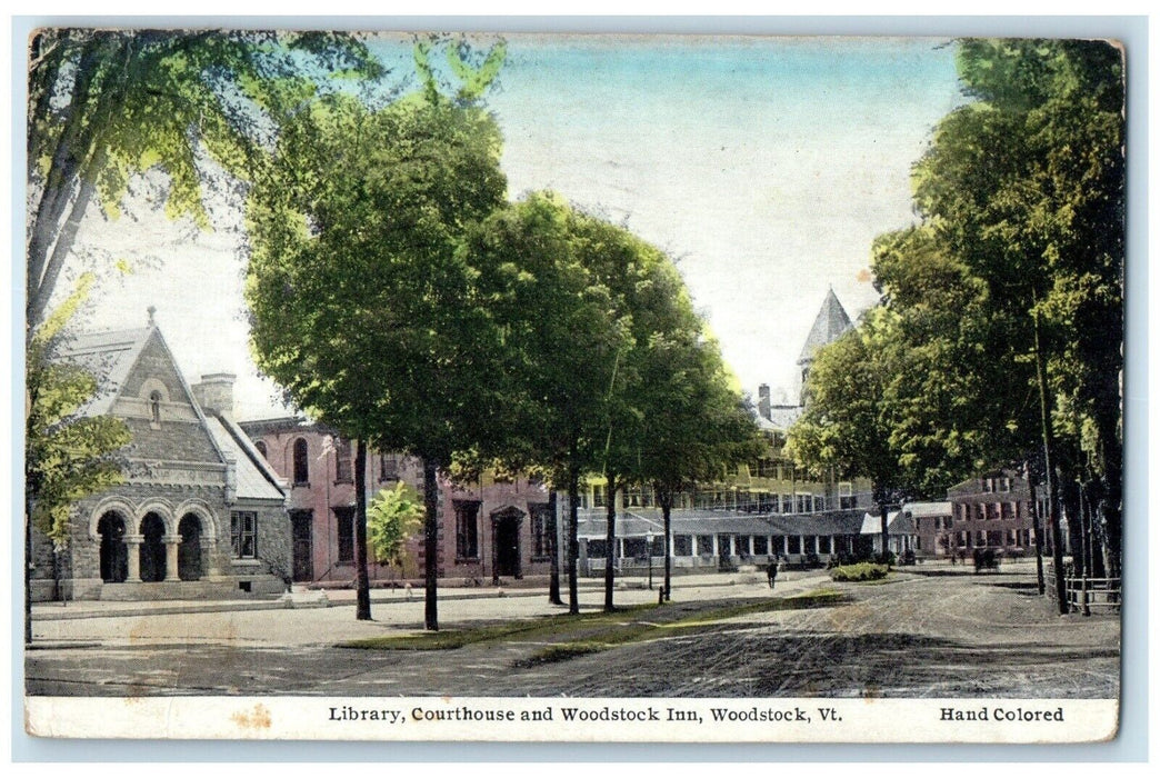 1946 Library Courthouse Woodstock Inn Woodstock Vermont VT Hand-Colored Postcard