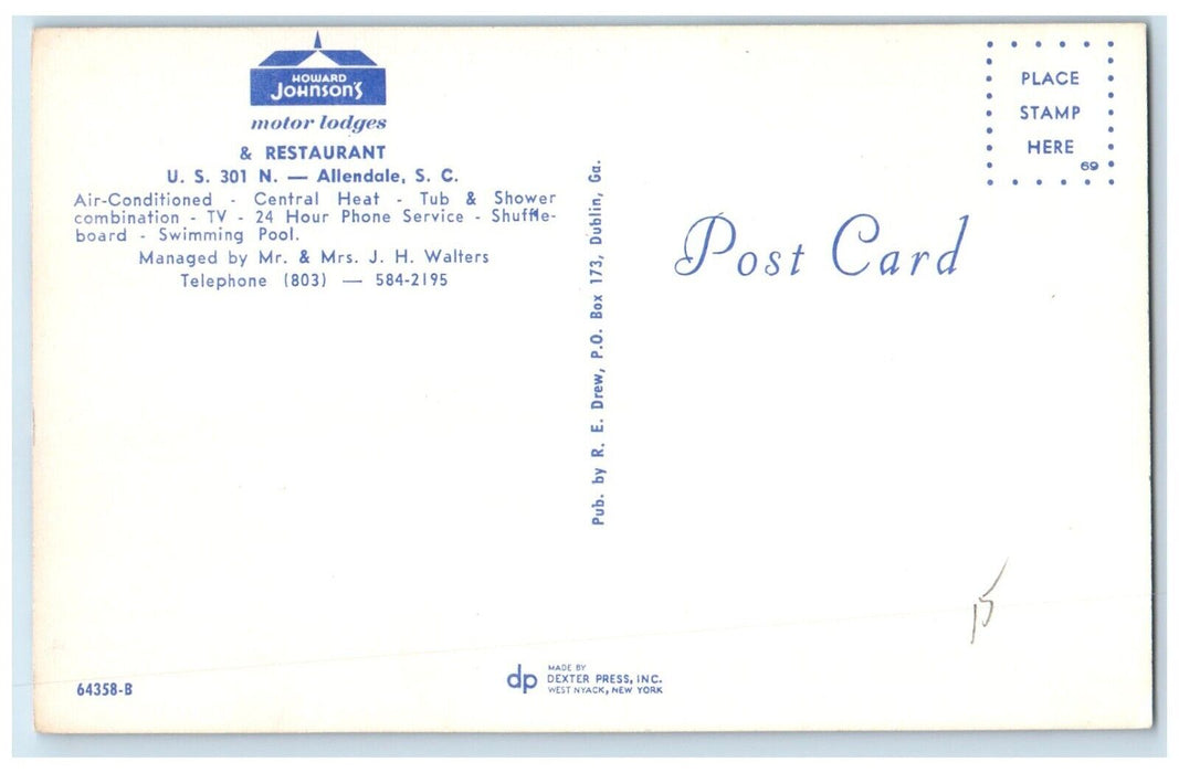 c1950's Howard Johnson's Motor Lodge Restaurant Allendale SC Multiview Postcard