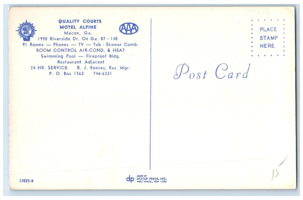 c1950's Quality Courts Motel And Swimming Pool Alpine Macon Georgia GA Postcard