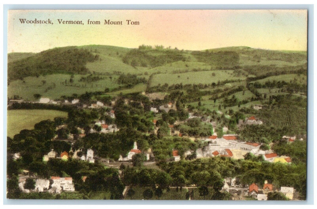 c1940 Birds Eye View Mount Tom Woodstock Vermont Unposted Hand-Colored Postcard