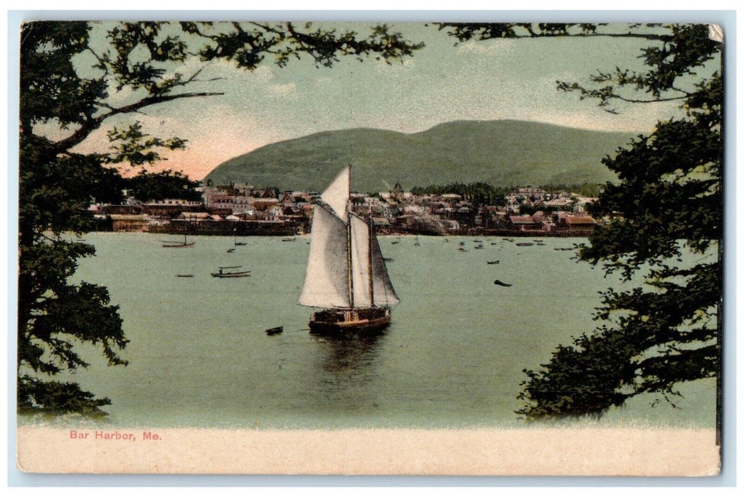 1908 Sailboat Boat Canoe River Lake Mountain Exterior Bar Harbor Maine Postcard