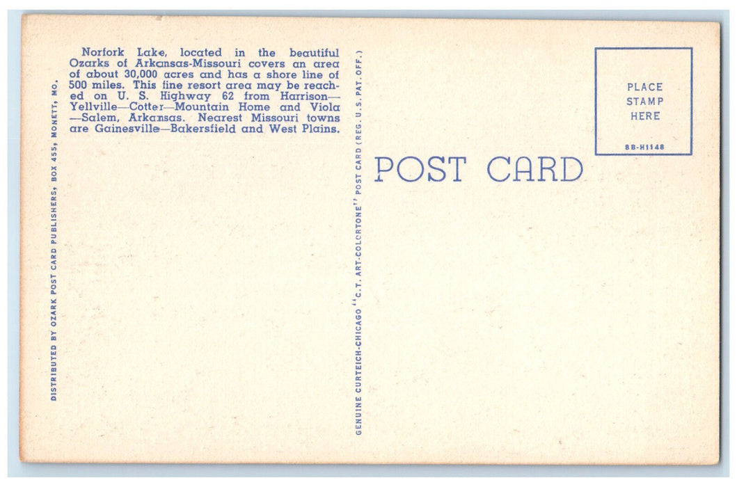 c1940's Boating on Lake Norfork in the Beautiful Ozarks Arkansas Postcard