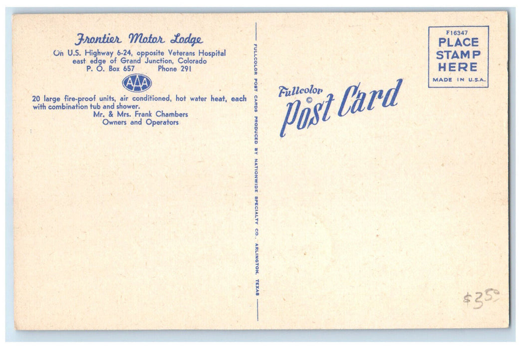 c1940's Frontier Motor Lodge Grand Junction Colorado CO Vintage Postcard
