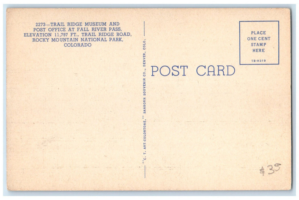 c1950's Trail Ridge Museum and Post Office Rocky Mountain Park CO Postcard