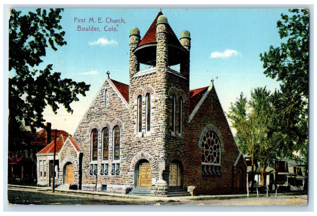 1910 Entrance to First M.E. Church Boulder Colorado CO Antique Posted Postcard