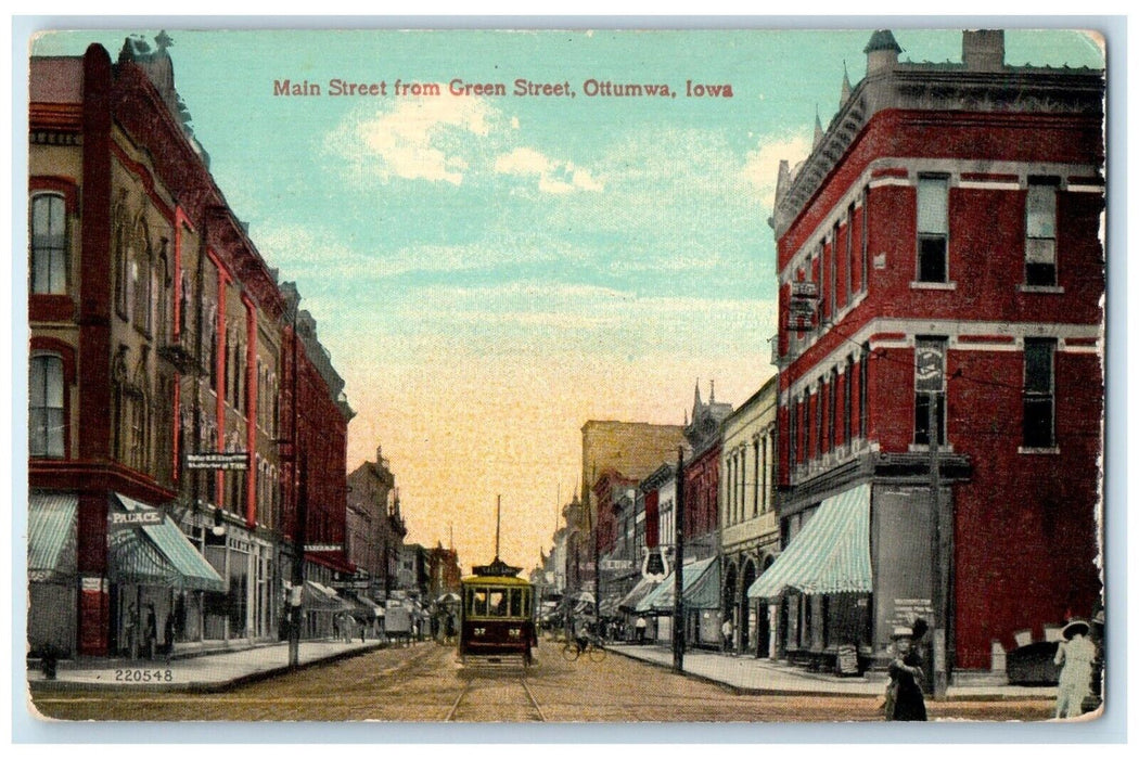 c1910 Main Street Green Street Streetcar Exterior Building Ottumwa Iowa Postcard