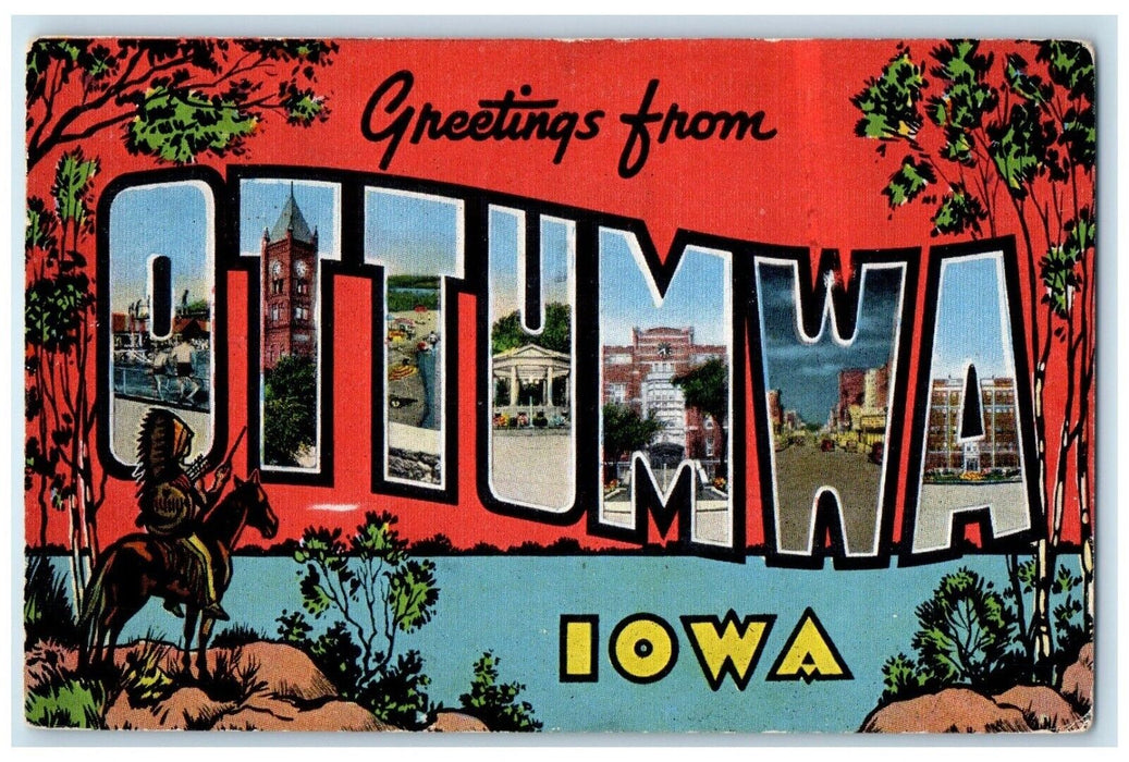 1955 Greetings From Exterior Ottumwa Iowa Banner Big Letters Multiview Postcard