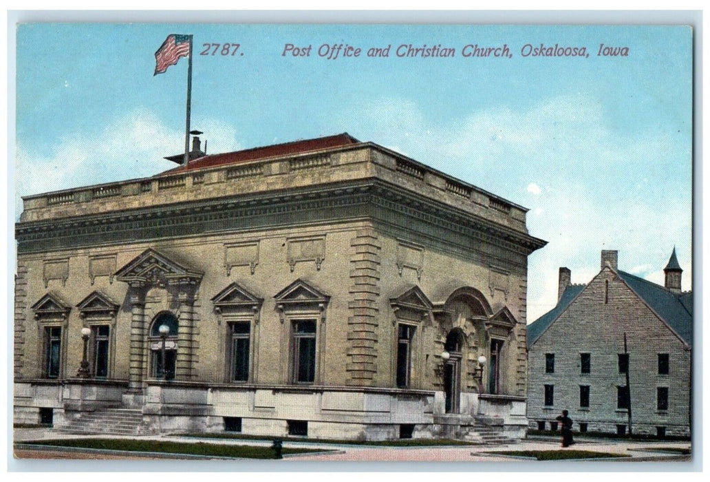 c1910's Post Office And Christian Church Scene Street Oskaloosa Iowa IA Postcard