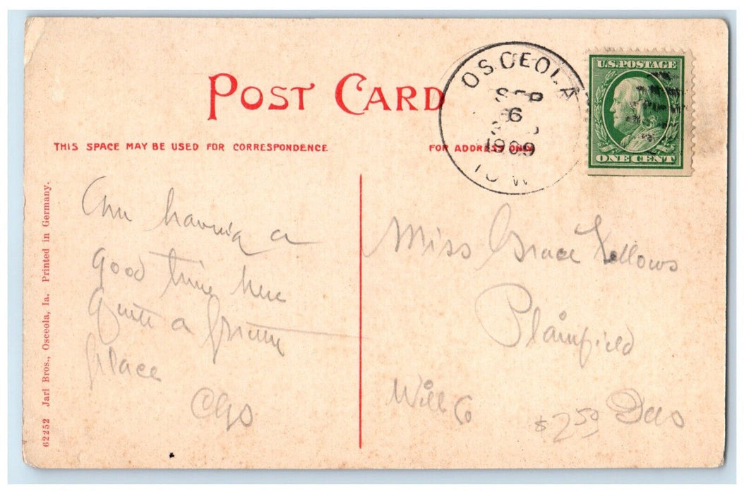 1909 Court House Building Tower Clock Osceola Iowa IA Posted Antique Postcard