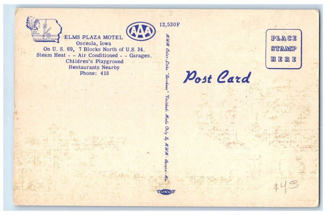 c1950's Elms Plaza Motel Roadside Osceola Iowa IA Multiview Vintage Postcard