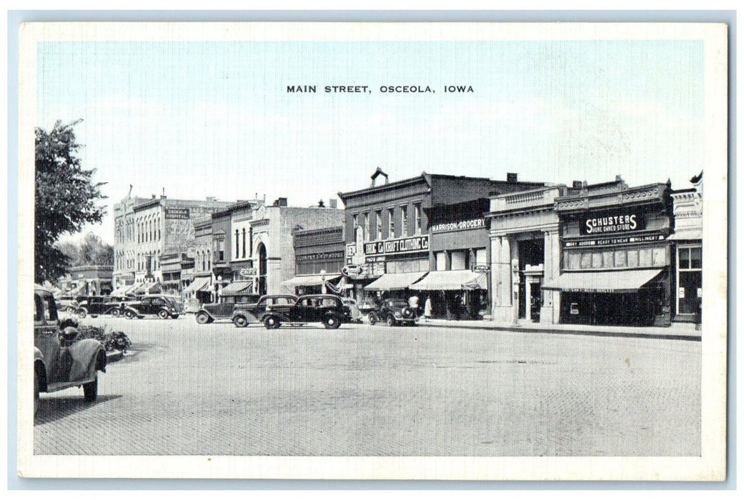 c1930's Main Street Harrison Grocery Stores Cars Osceola Iowa IA Postcard