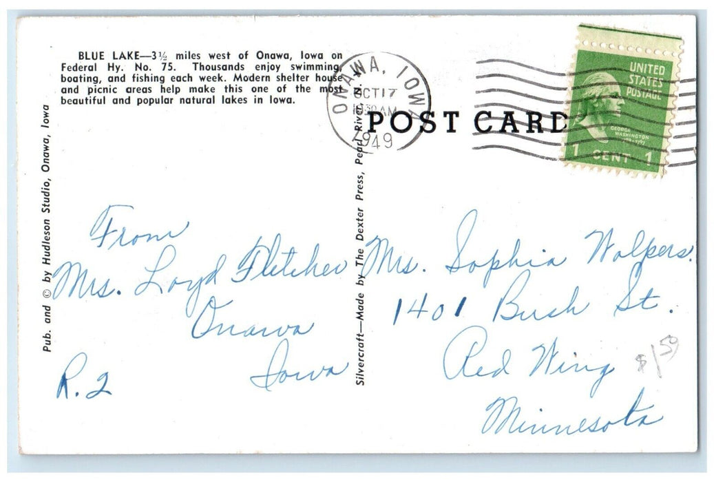 1949 View Of Blue Lake Swimming Boating Fishing Onawa Iowa IA Vintage Postcard