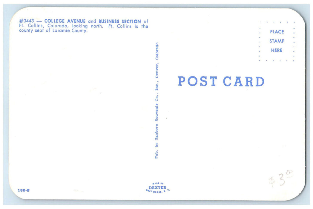 c1950's College Avenue Business Section Fort Collins Colorado CO Postcard