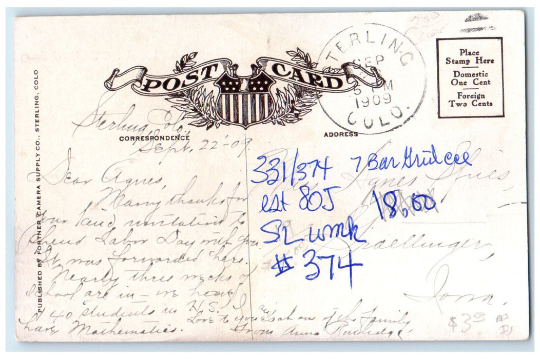 1909 New Logan County Court House Sterling Colorado CO Antique Postcard