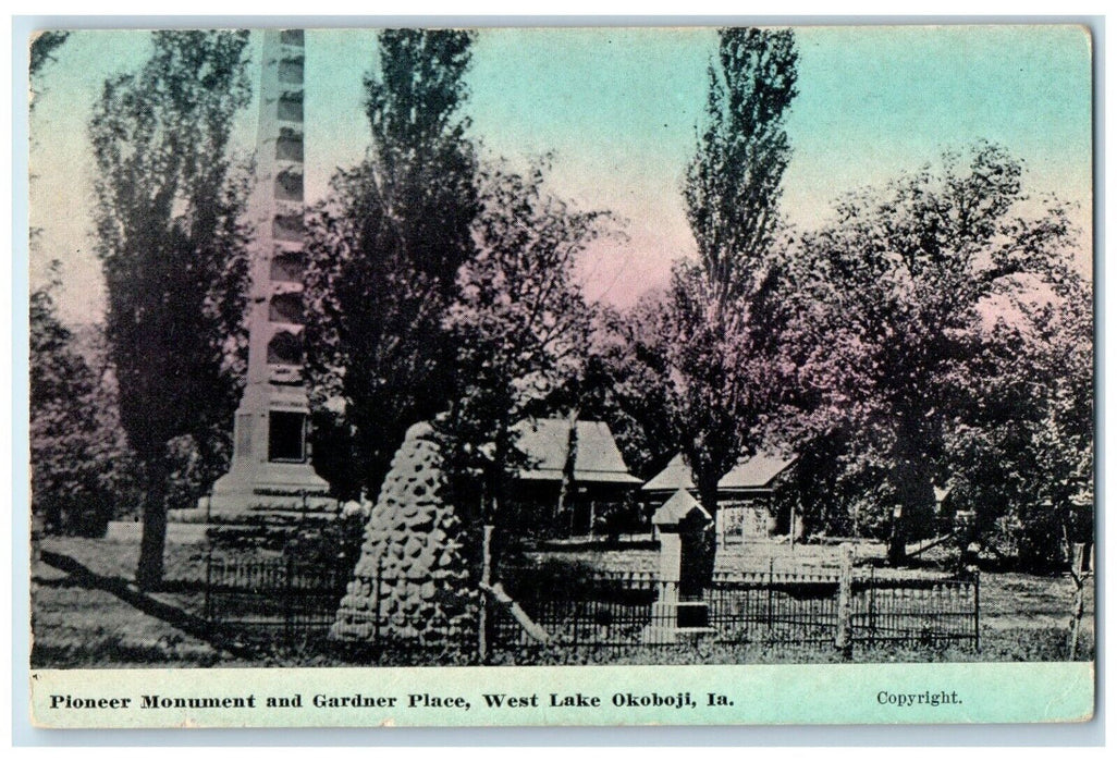 c1910's Pioneer Monument And Gardner Place West Lake Okoboji Iowa IA Postcard