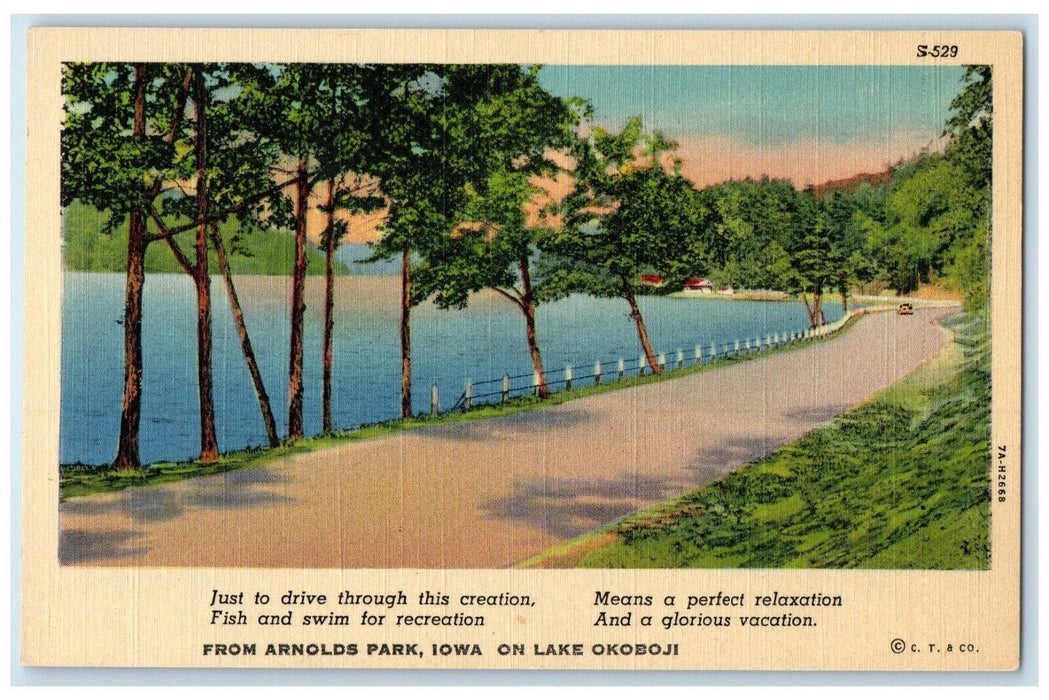 c1930's Road Car Scene Lake From Arnolds Park Iowa On Lake Okoboji IA Postcard