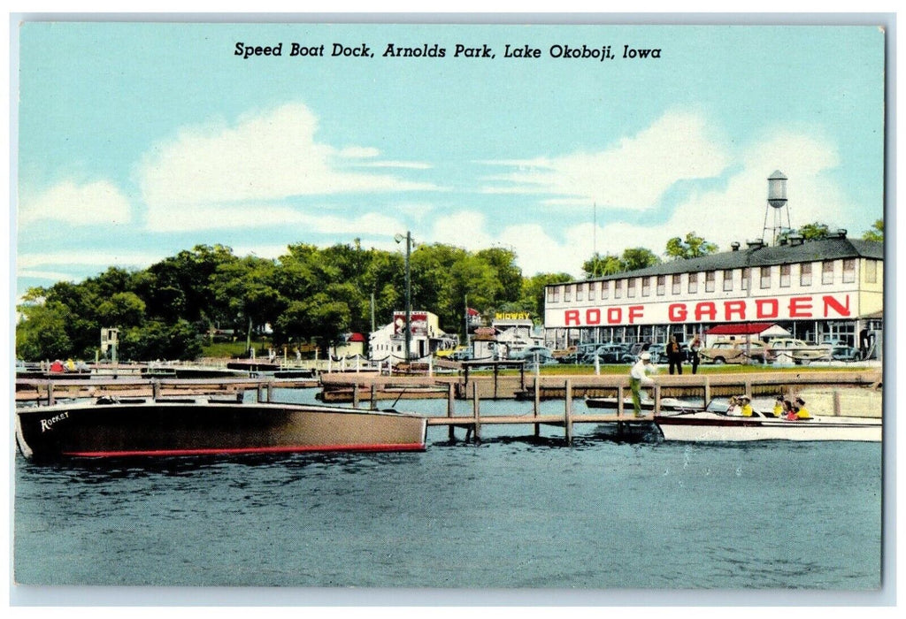 c1950's Speed Boat Dock Roof Garden Arnolds Park Lake Okoboji Iowa IA Postcard
