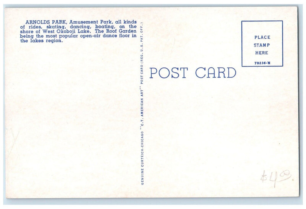 c1950's Speed Boat Dock Roof Garden Arnolds Park Lake Okoboji Iowa IA Postcard