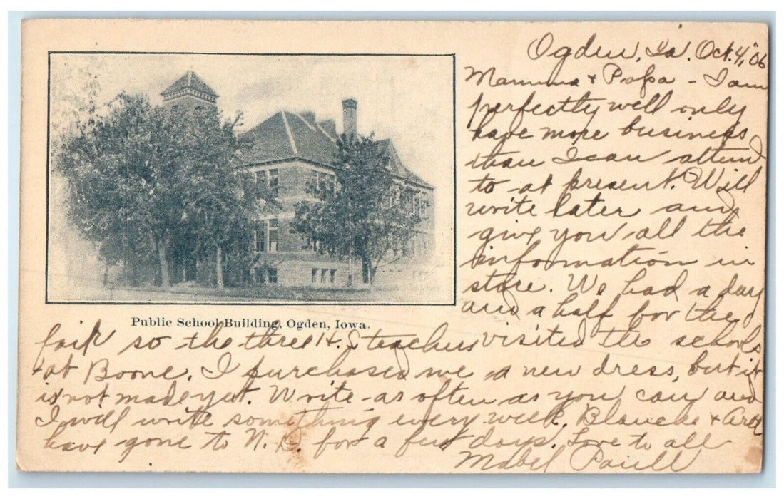1906 Public School Building And Trees Ogden Iowa IA Posted Antique Postcard