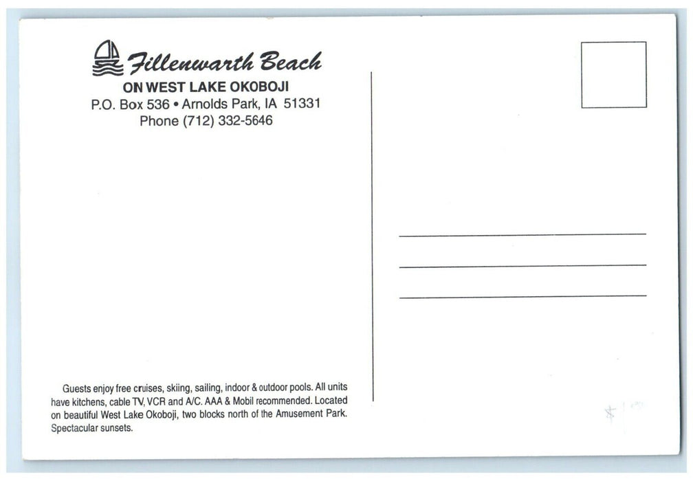 Fillenwarth Beach On West Lake Okoboji Arnold's Park Iowa IA, Sailboat Postcard