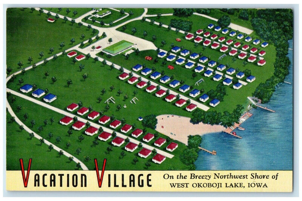 c1950's Aerial View Vacation Village West Okoboji Lake Iowa IA Vintage Postcard