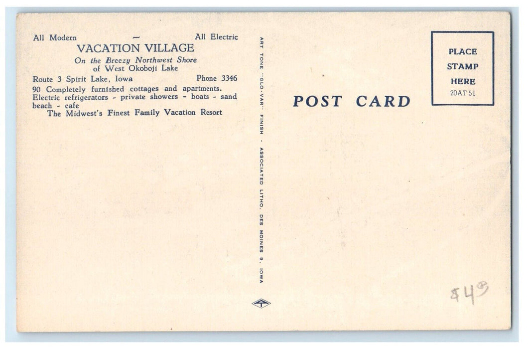 c1950's Aerial View Vacation Village West Okoboji Lake Iowa IA Vintage Postcard