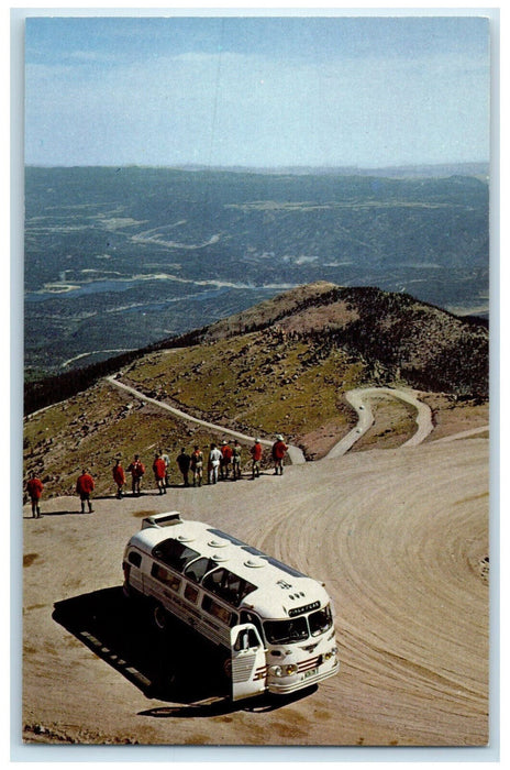 1967 Tour Bus Stop at Lookout Point Pikes Peak Highway Colorado CO Postcard