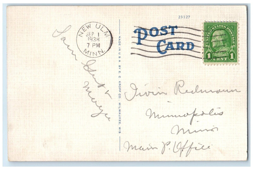 1938 View Of Indian Monument New Ulm Minnesota MN Posted Vintage Postcard