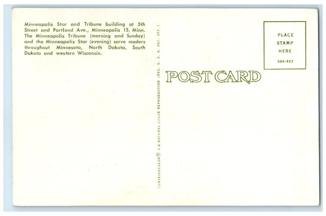 c1960 Minneapolis Star Tribune Building Street Portland Ave. Minnesota Postcard