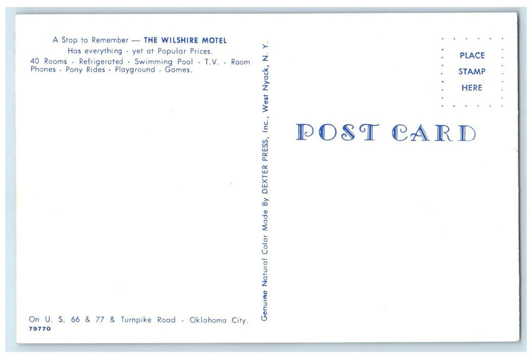 c1950's Aerial View Of The Wilshire Motel Oklahoma City Oklahoma OK Postcard